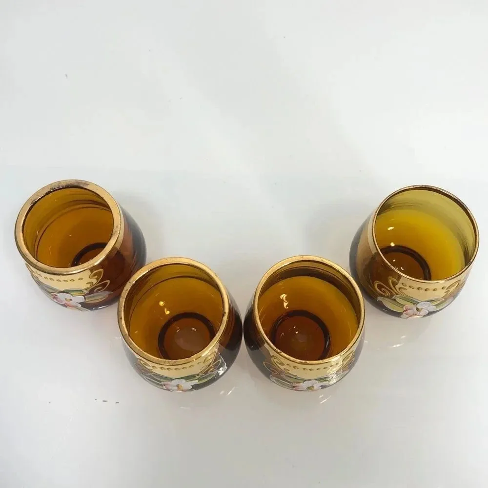 Bohemian Amber Glass Gold Gilding Raised Hand Painted Floral Design Shot Glasses